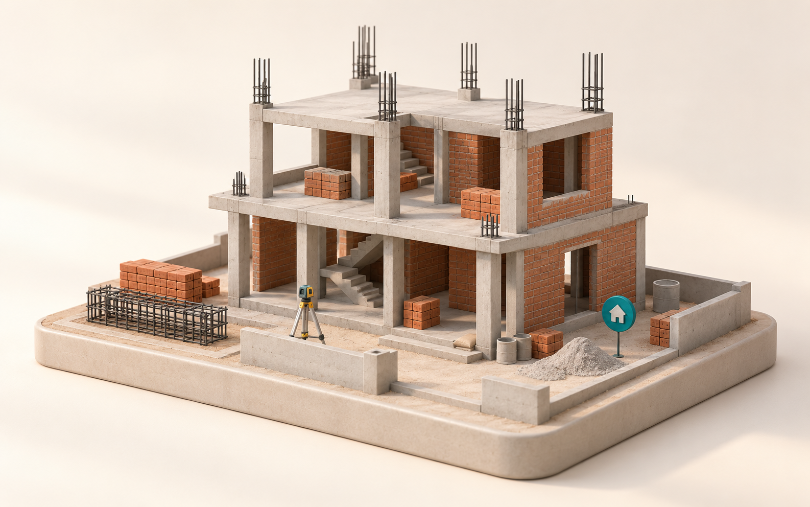Clay diorama of an Indian RCC and brick home under construction with rebar, masonry and site surveying tools.