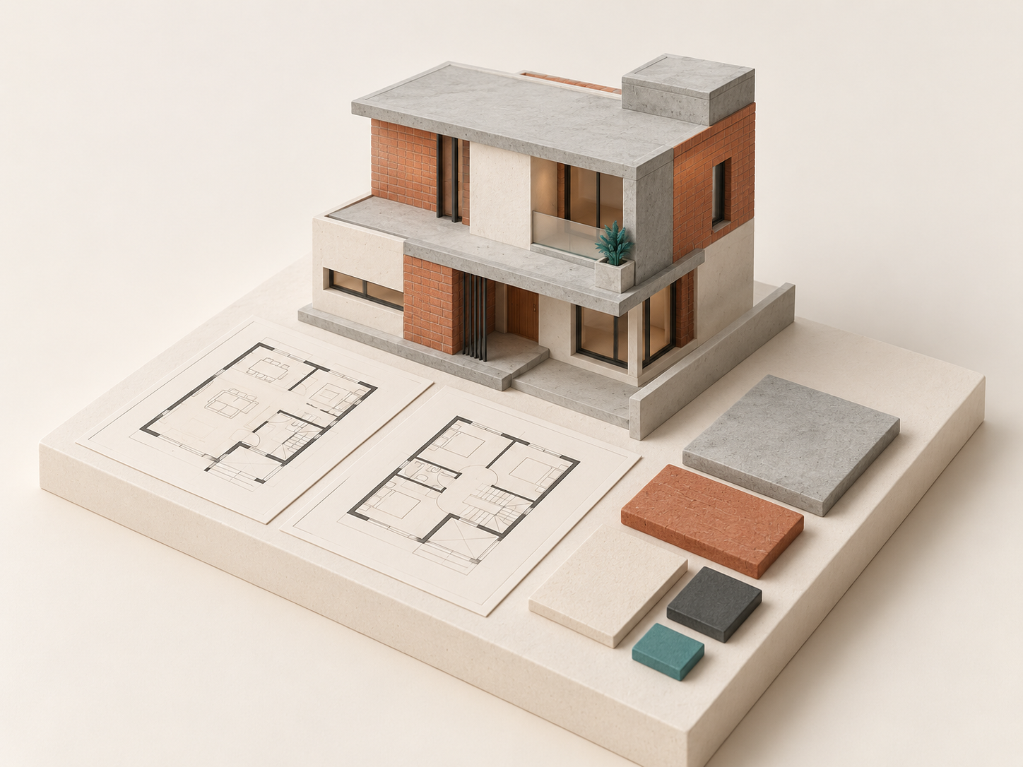 Clay diorama of an RCC and brick home with architectural plans and finish samples.