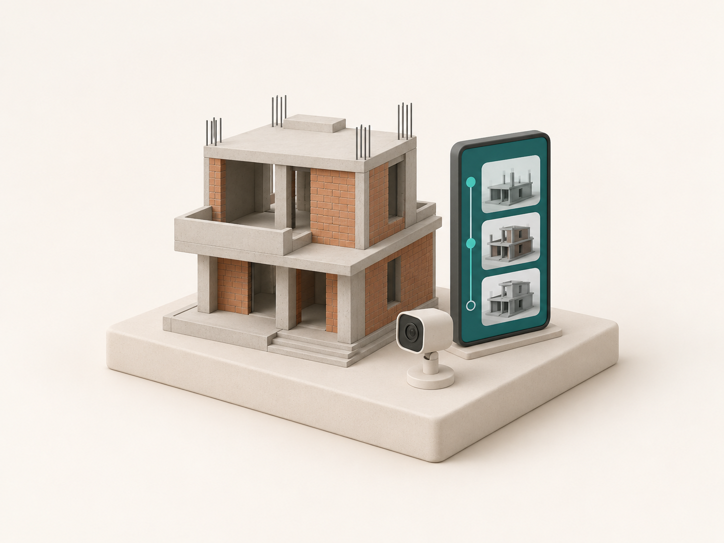 Clay diorama of an RCC and brick home with live project progress updates and a site camera.