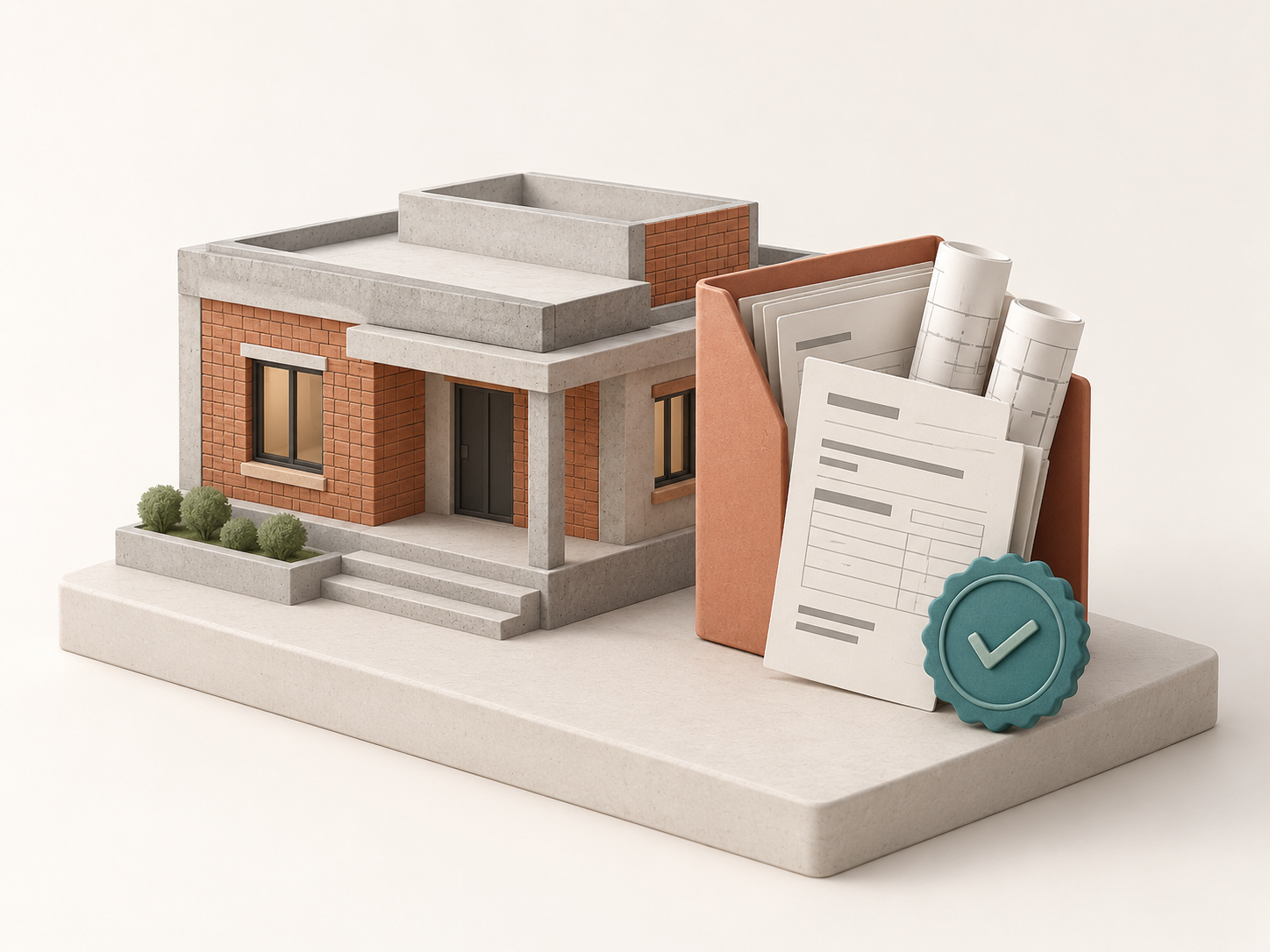 Clay diorama of an RCC and brick home with organised construction drawings and project records.