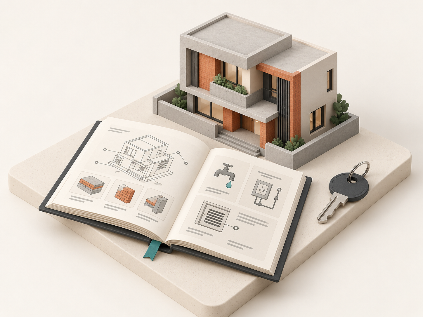 Clay diorama of a finished RCC and brick home with an owner handover manual and key.