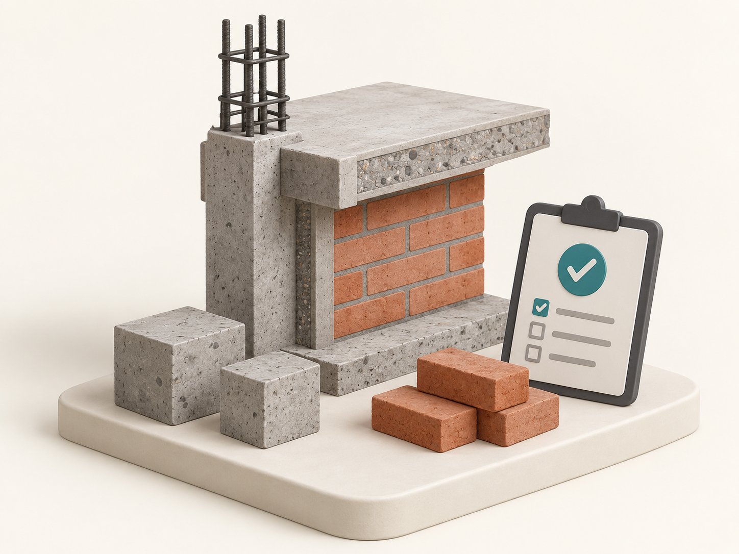 Clay diorama of RCC structure, brickwork, material samples and quality inspection.