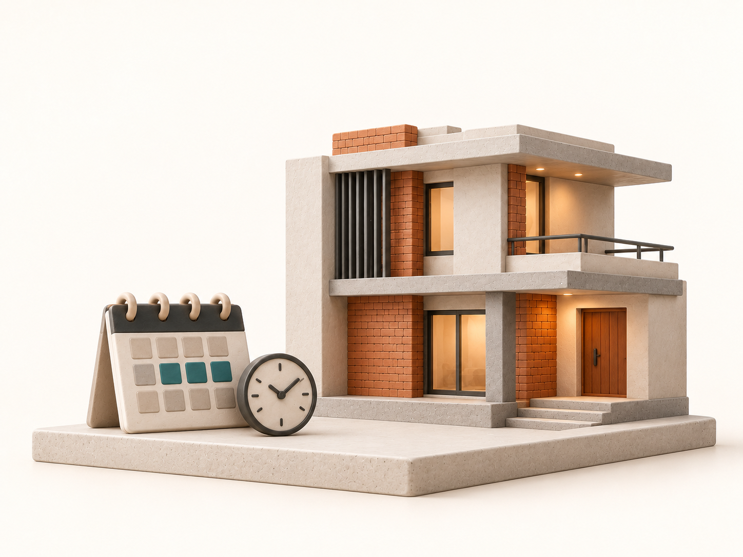 Clay diorama of a finished RCC and brick home with a construction calendar and delivery milestones.