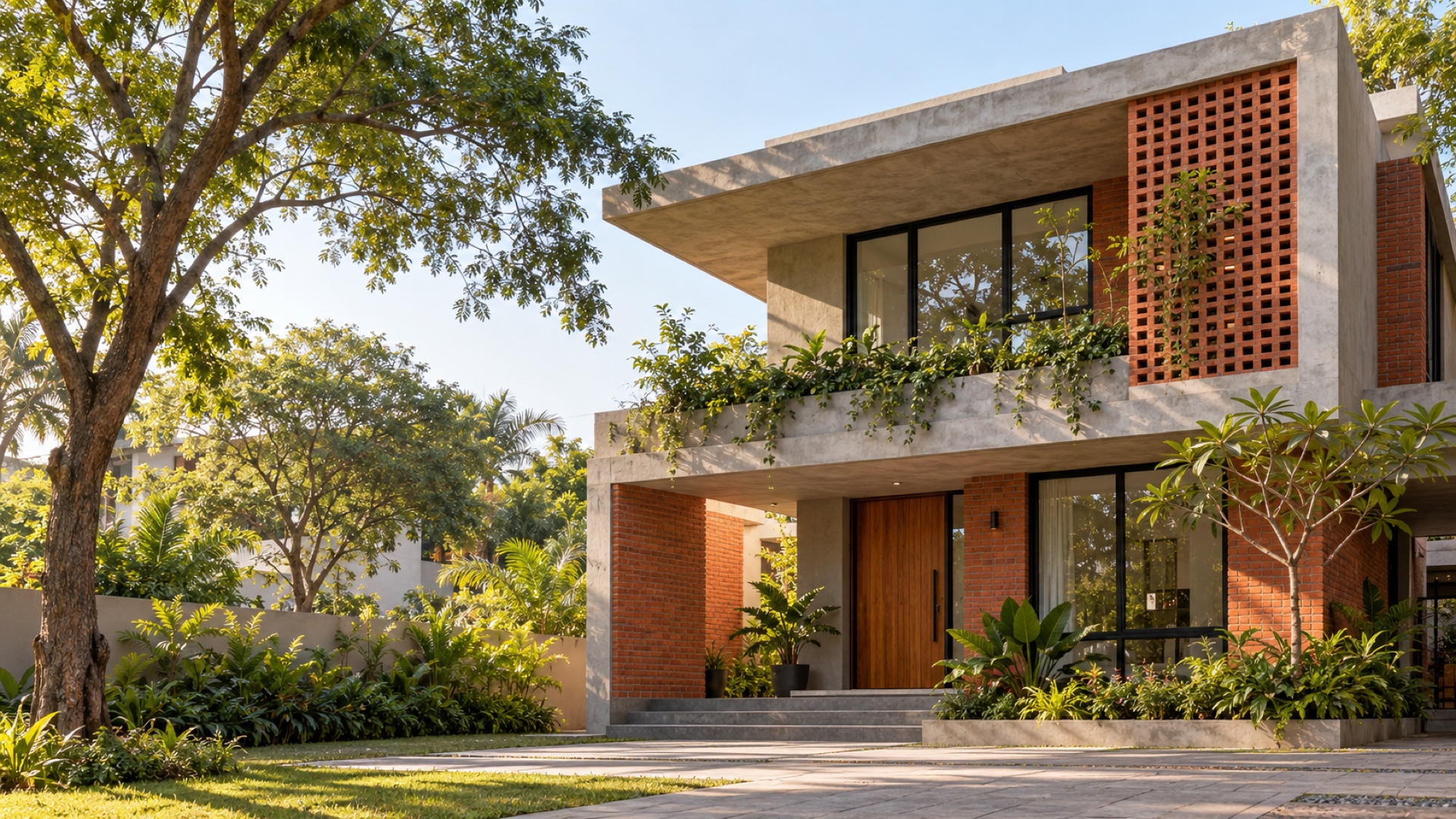 Contemporary Bengaluru RCC and brick home with tropical landscaping