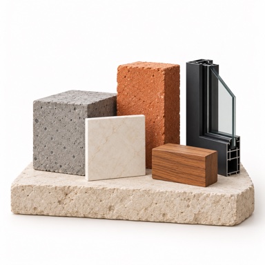 Classic concrete, brick, aluminium window and teak material study