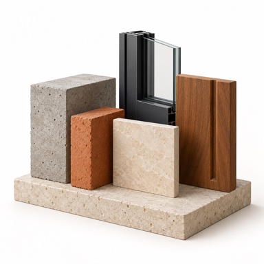 Signature concrete, brick, finish tile and carved teak material study