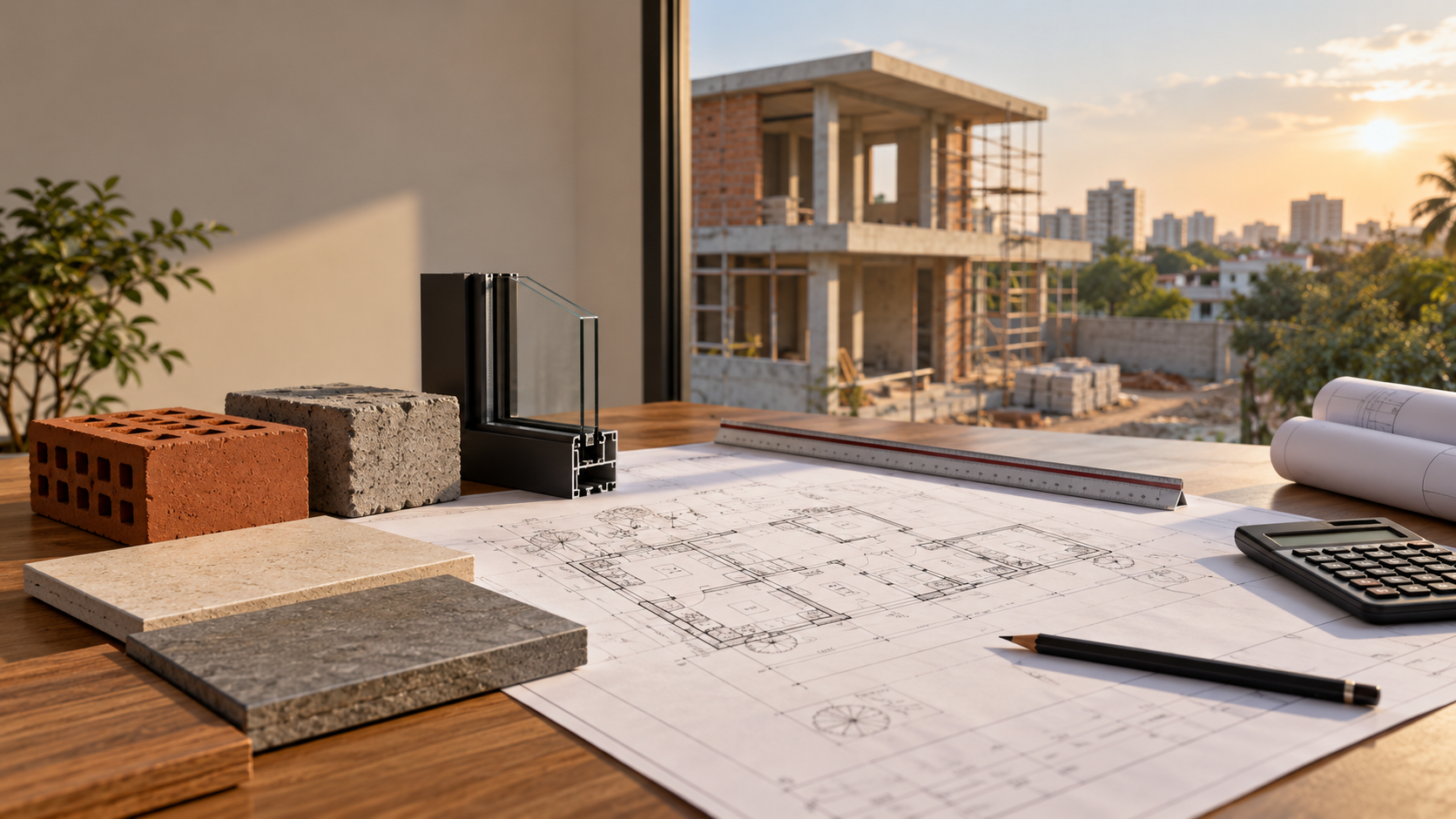 Architectural material study with a Bengaluru home model, estimating tools and material samples