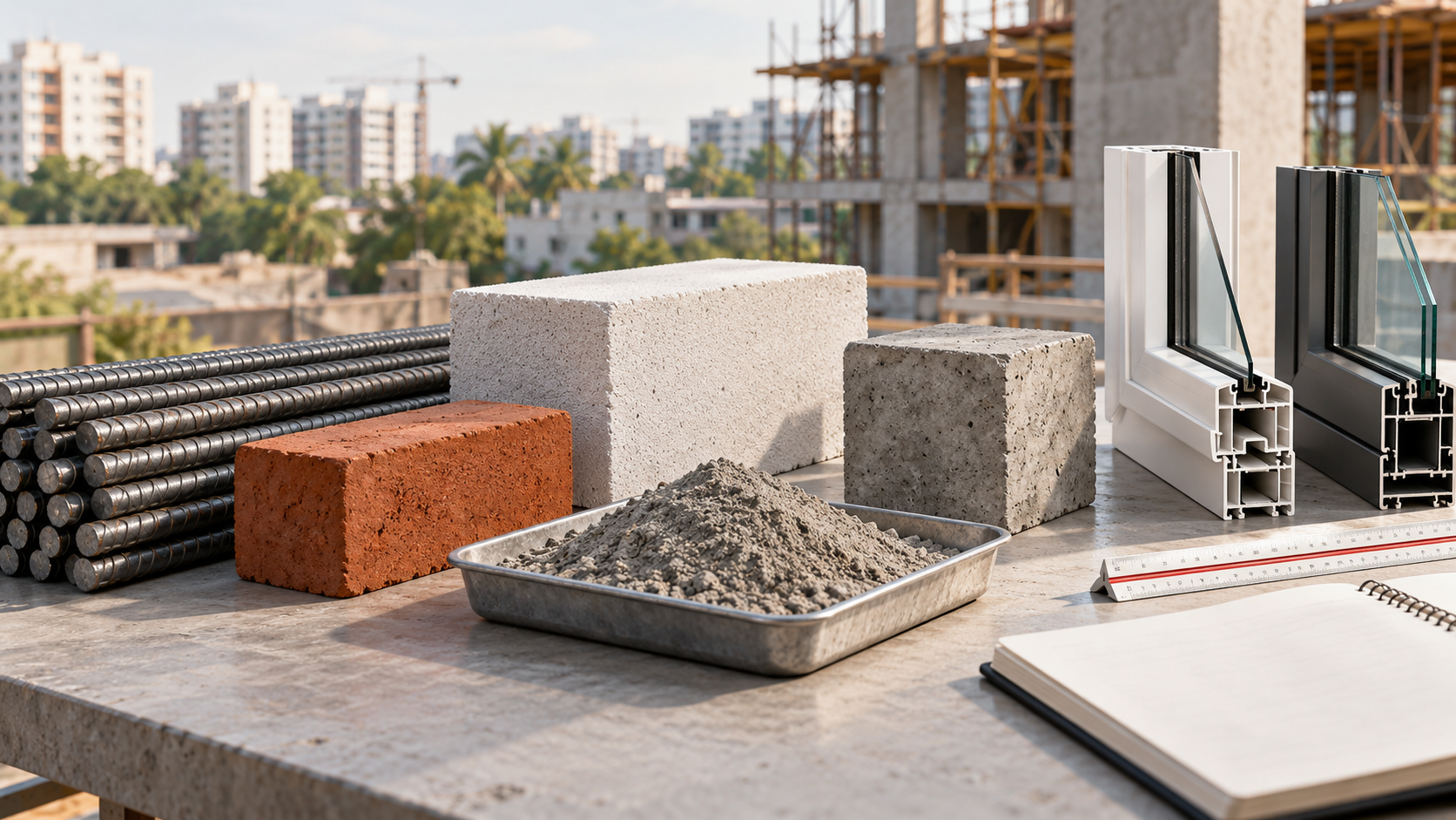 Brick, concrete, window profile and finish materials arranged as a modern architectural study