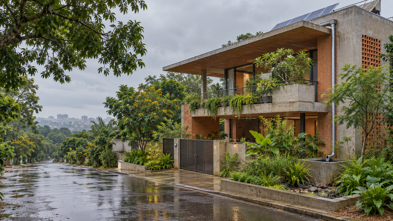 Contemporary Bengaluru home with rainwater collection, solar panels, shade and native planting