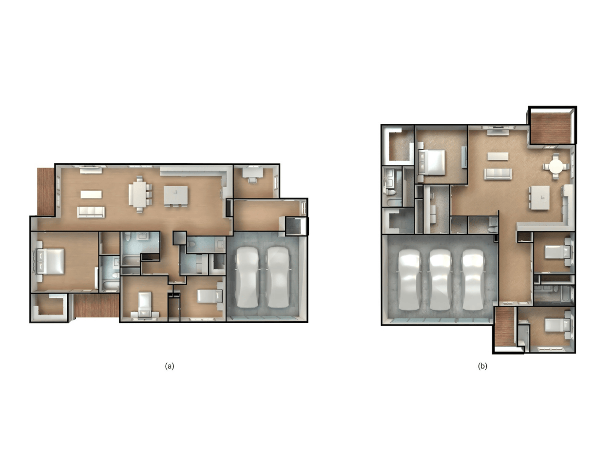 Two 3D floor plans generated with Higharc's Generative Building Model