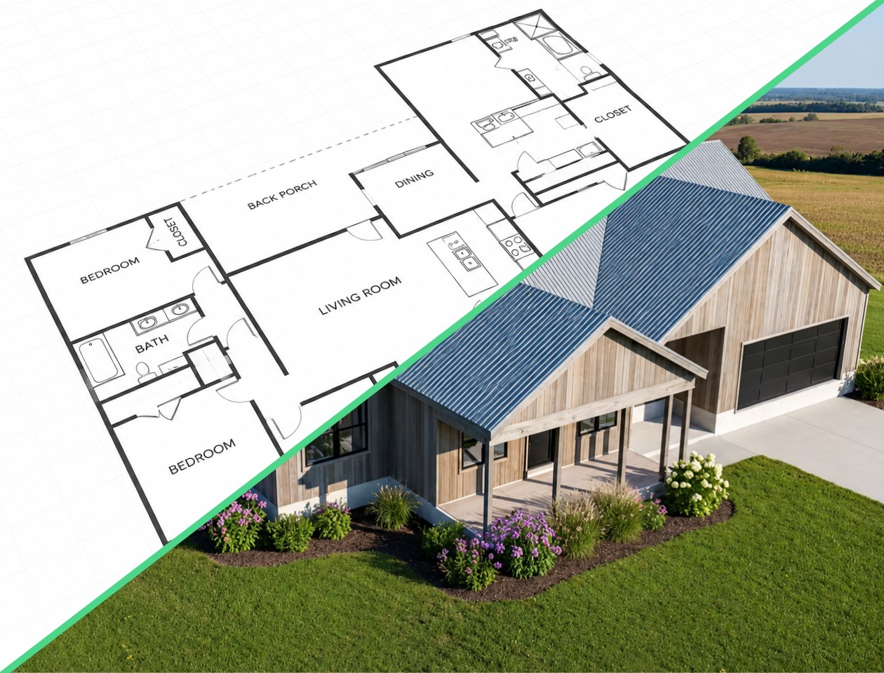 Residential floor plan beside a rendered home, generated by Higharc
