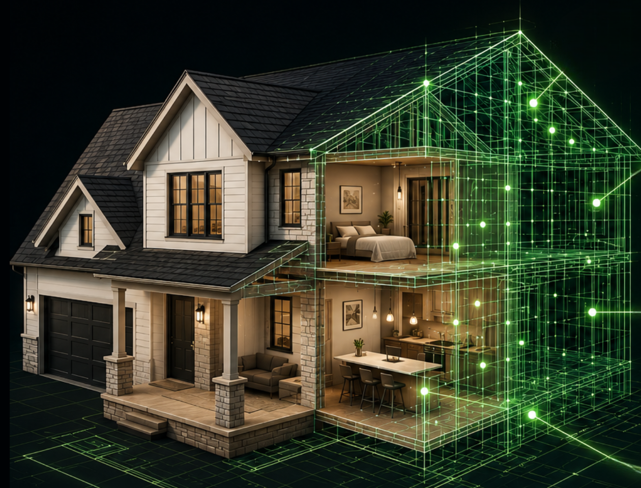 Higharc homebuilding AI model showing a house connected to a spatial data layer with geometry, materials, options, relationships, specifications and rules.
