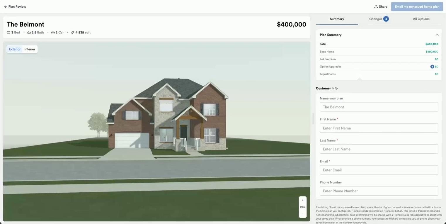 Saved home configuration in Higharc Showroom with buyer contact details and selected options.