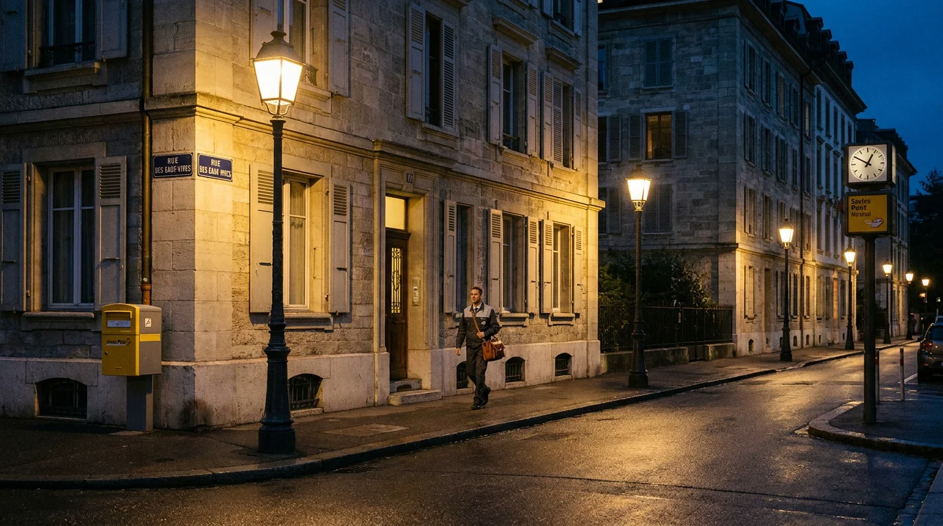 Serrurier professionnel se rendant à une intervention nocturne dans une rue résidentielle de Genève