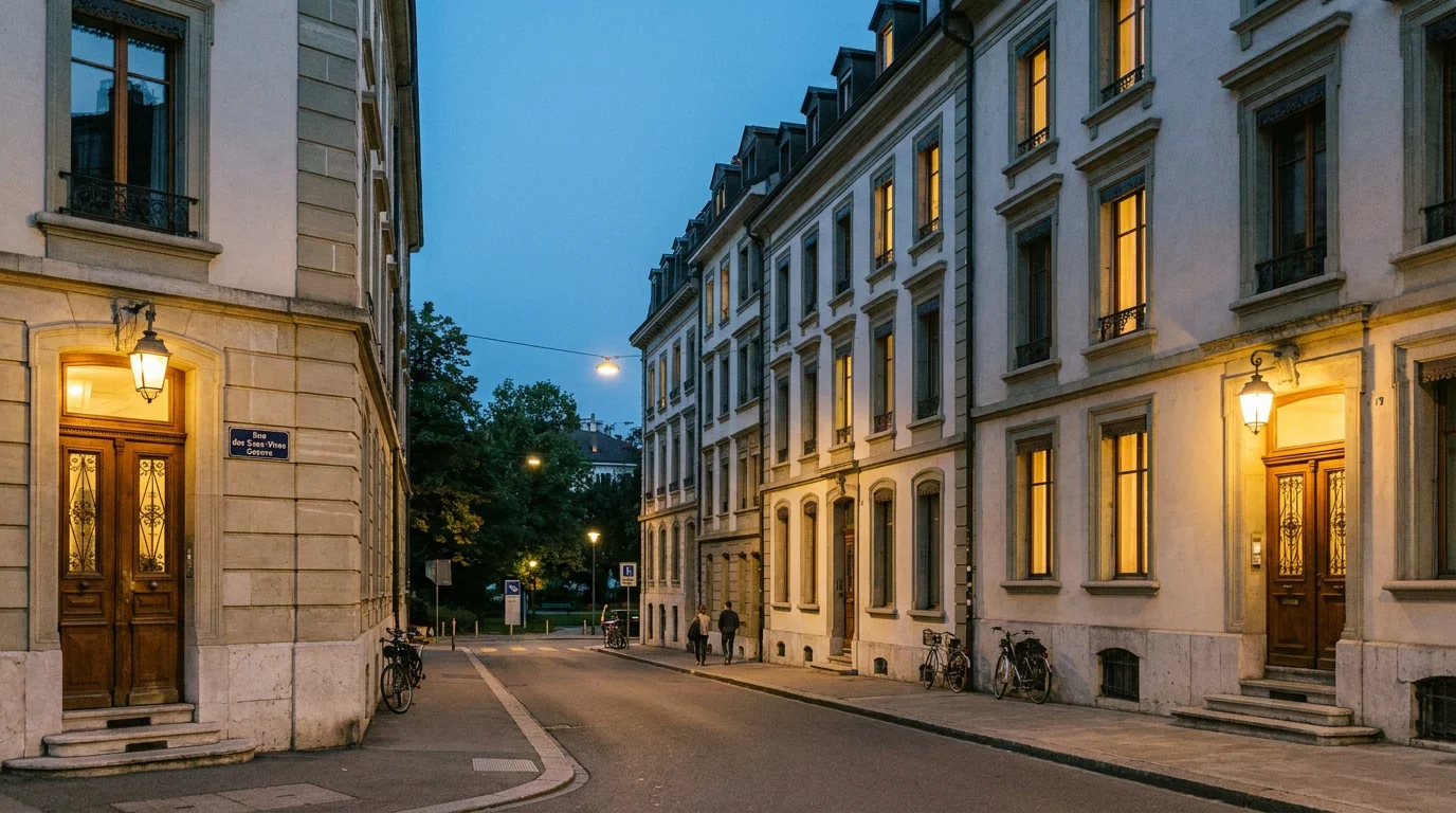 Rue résidentielle de Genève au crépuscule avec portes d'entrée d'immeubles