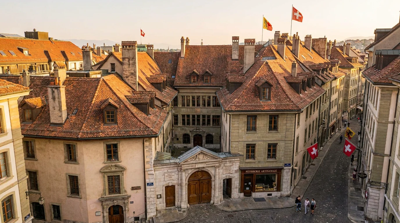 Vue des immeubles et portes d'entrée de la Vieille-Ville de Genève