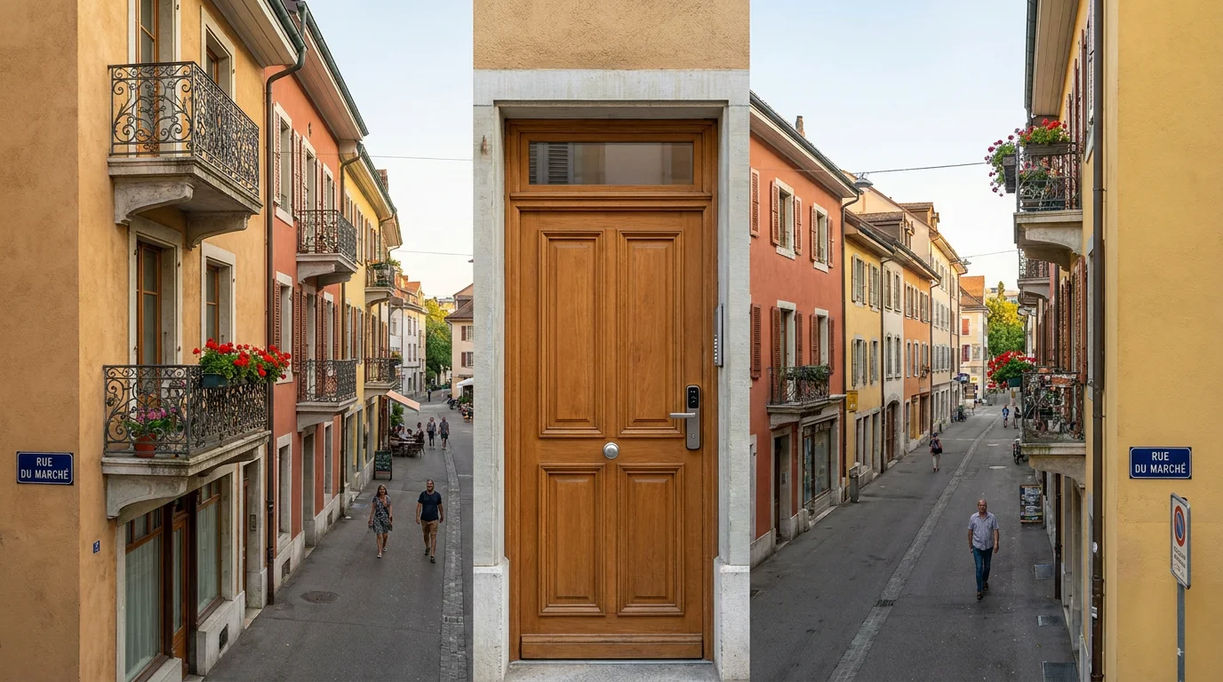 Rue piétonne du Vieux-Carouge à Genève avec porte d'entrée sécurisée et façades colorées