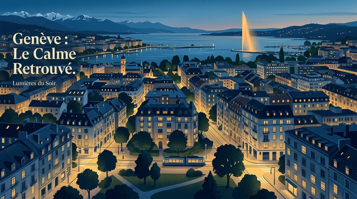 Vue aérienne d'un quartier résidentiel de Genève au crépuscule avec éclairages aux fenêtres