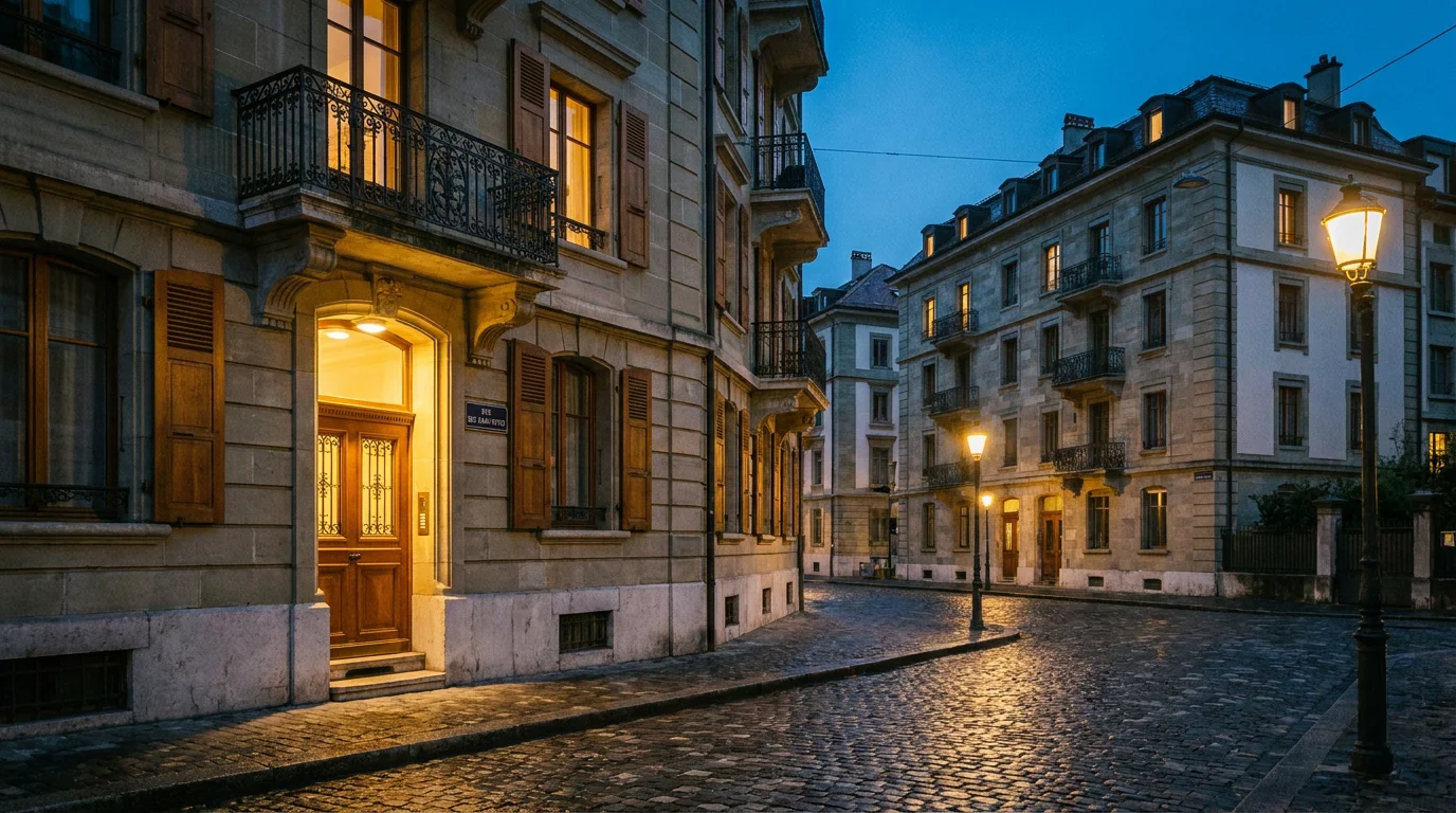 Porte d'entrée éclairée d'un immeuble résidentiel à Genève au crépuscule