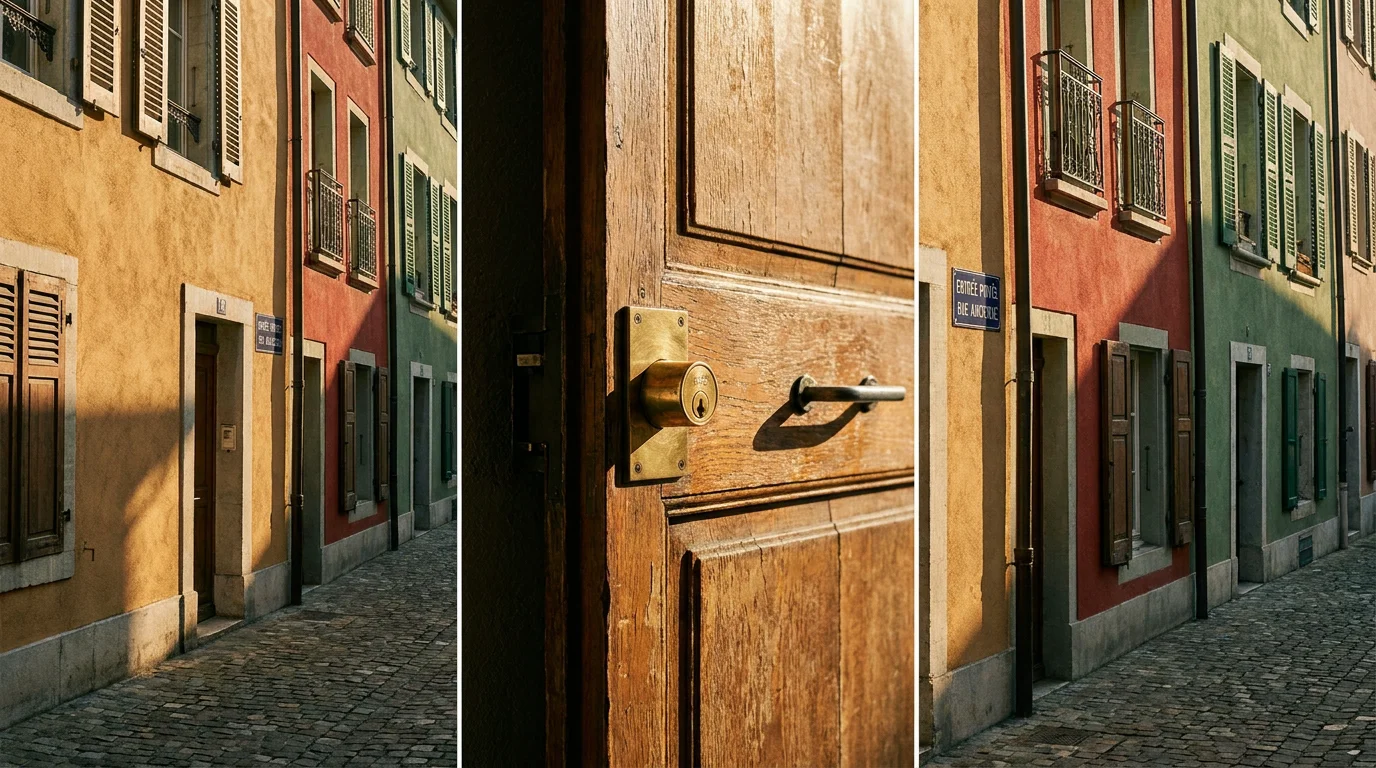 Porte d'entrée avec serrure à cylindre dans une ruelle typique du Vieux-Carouge à Genève
