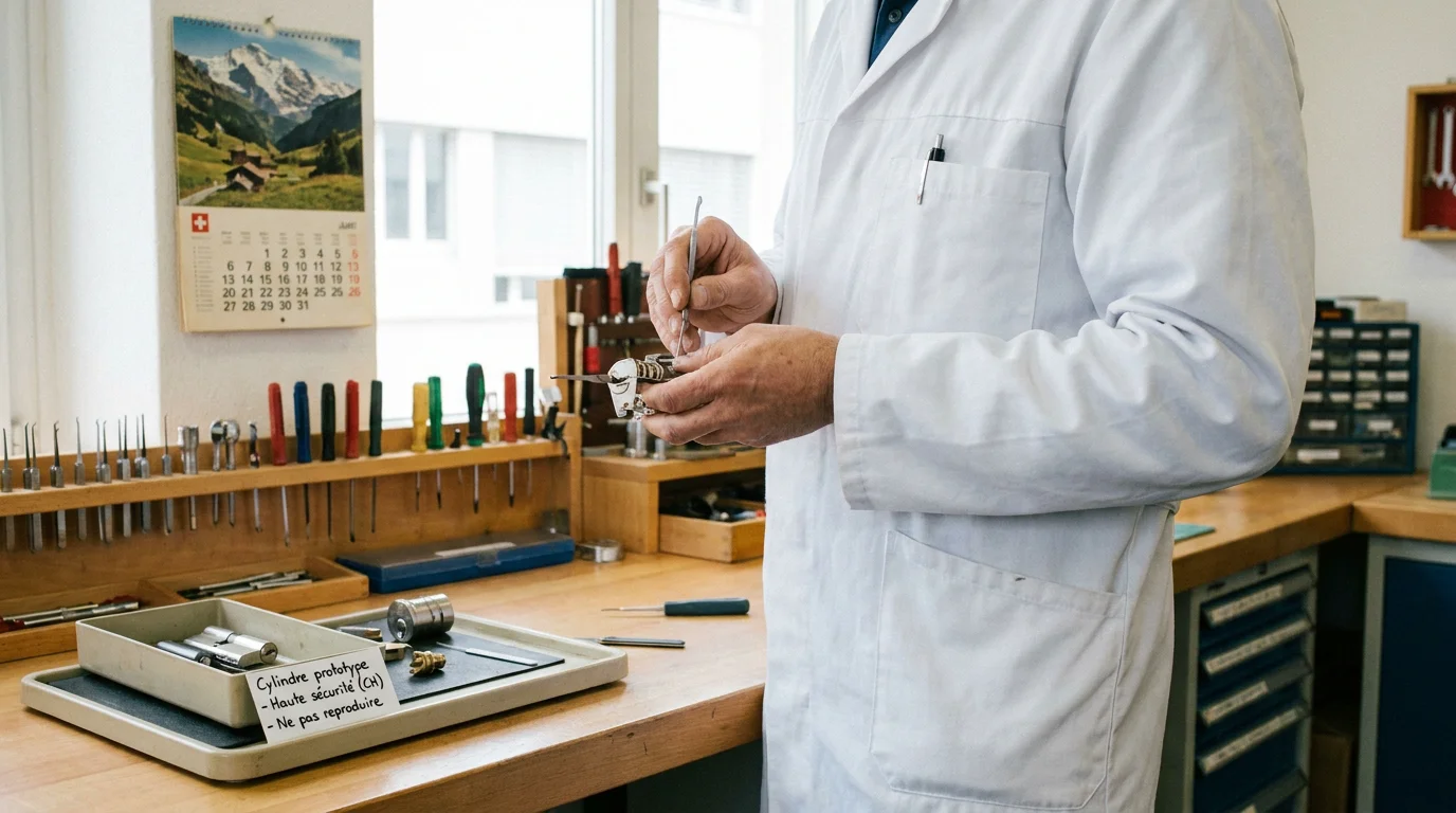 Serrurier professionnel manipulant un cylindre de serrure haute sécurité avec des outils spécialisés