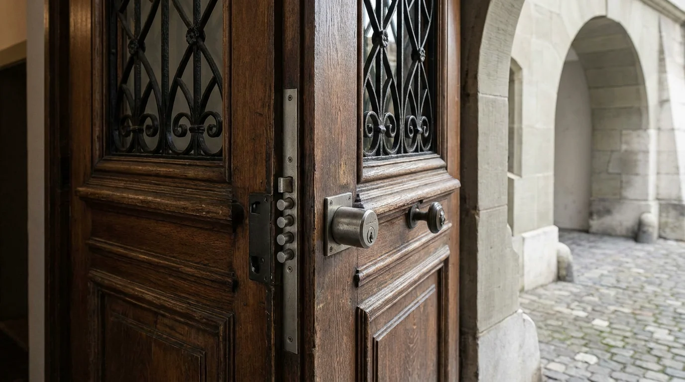 Serrure multipoints sur une porte d'entrée d'immeuble à Genève