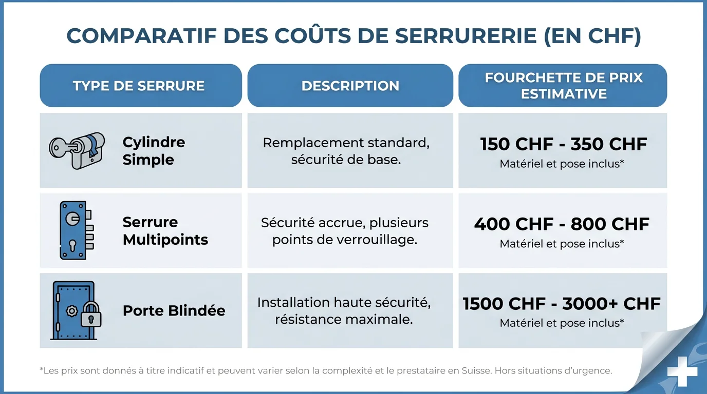 Infographie des coûts de changement de serrure en Suisse en francs suisses