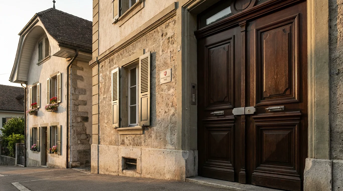 Porte d'entrée avec serrure en métal sur un immeuble résidentiel à Genève