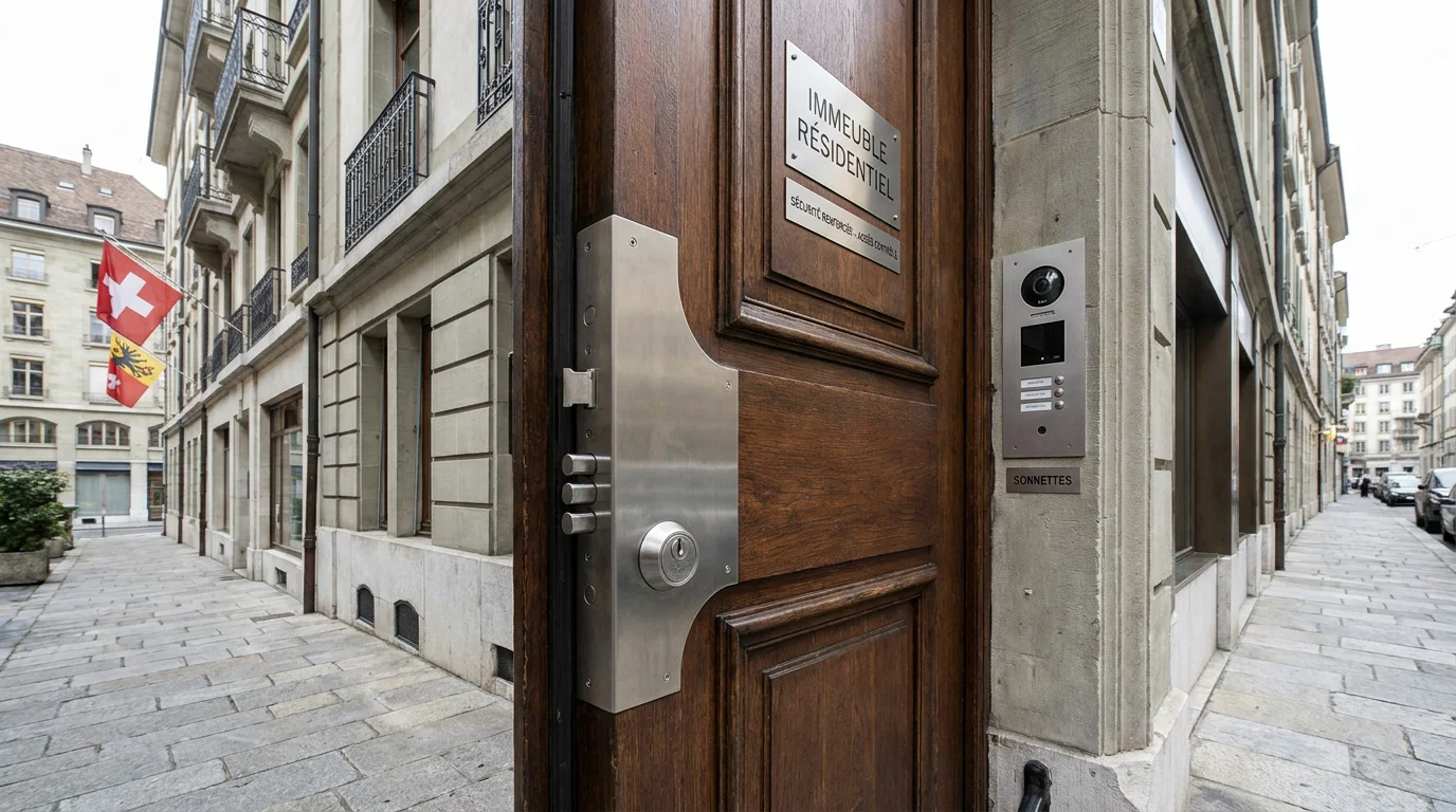 Porte d'entrée sécurisée avec serrure multipoints dans un immeuble genevois