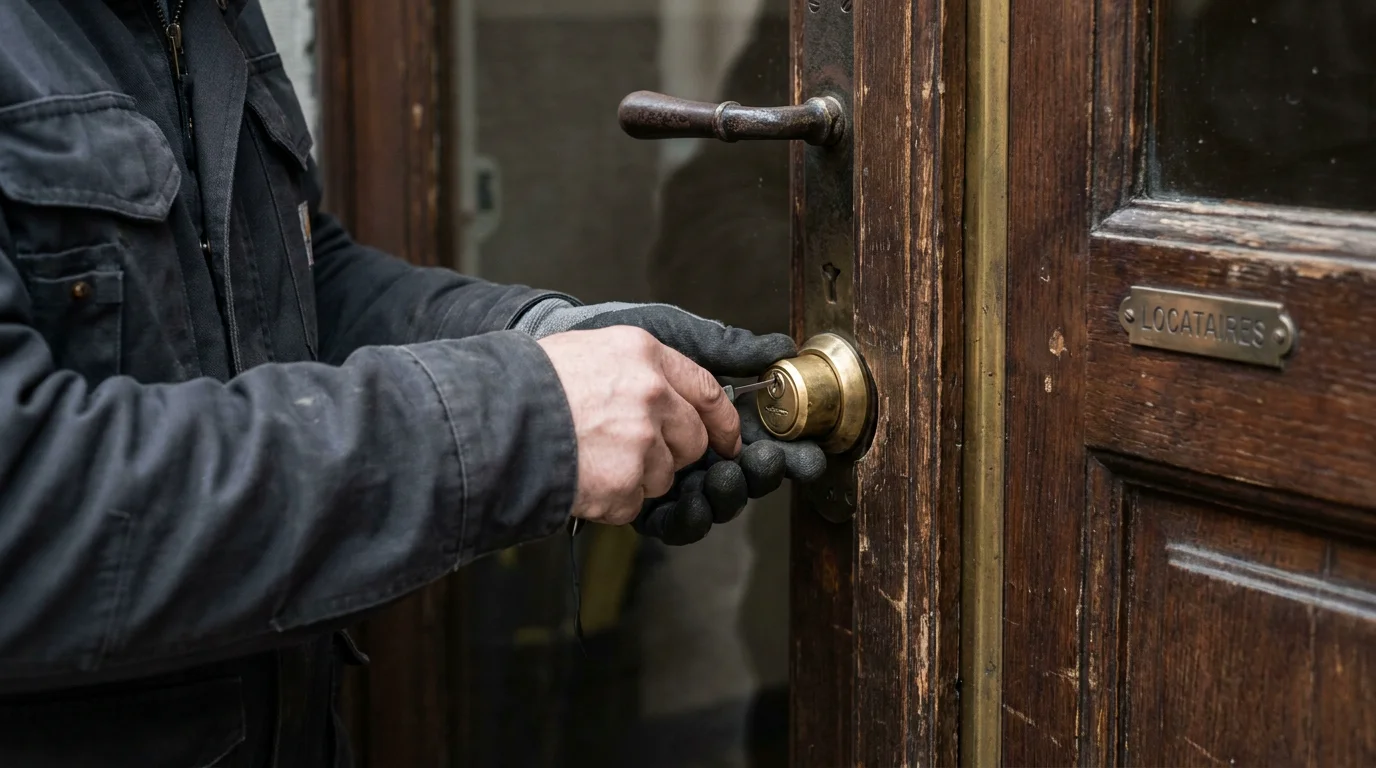 Serrurier intervenant sur une serrure de porte d'immeuble à Genève
