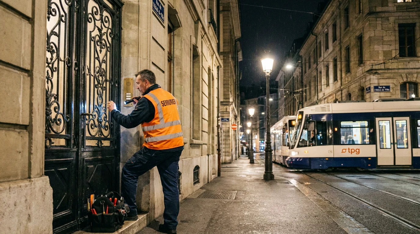 Serrurier intervenant en urgence de nuit sur une porte d'entrée à Genève