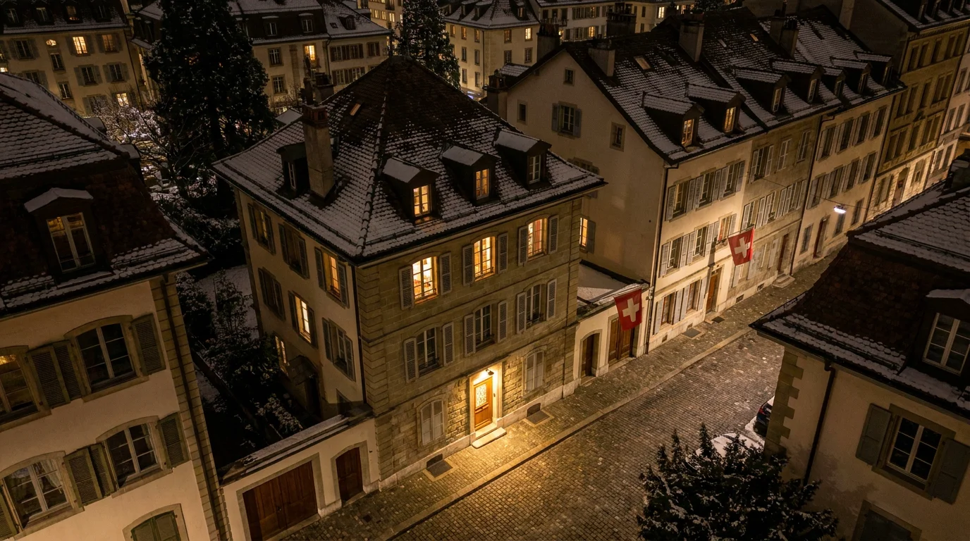 Rue résidentielle de Genève la nuit avec porte d'entrée éclairée
