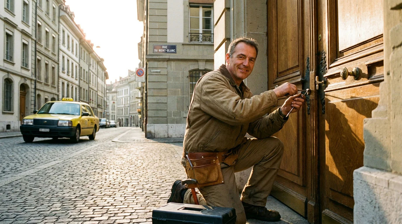 Serrurier professionnel intervenant sur une porte d'entrée à Genève, service disponible 24 heures sur 24