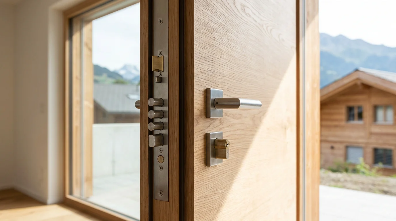 Serrure multipoints de haute sécurité sur une porte d'entrée, illustrant le renforcement de la sécurité du domicile
