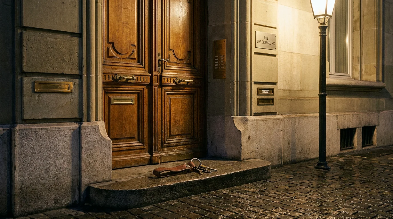 Porte d'entrée d'un immeuble genevois la nuit, illustrant le besoin d'un serrurier disponible 24 heures sur 24