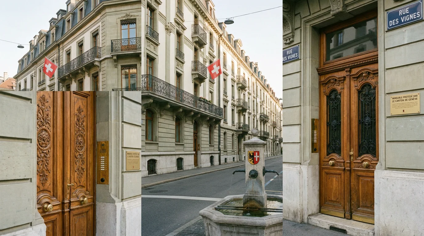 Rue résidentielle calme de Genève un dimanche matin avec portes d'immeubles fermées