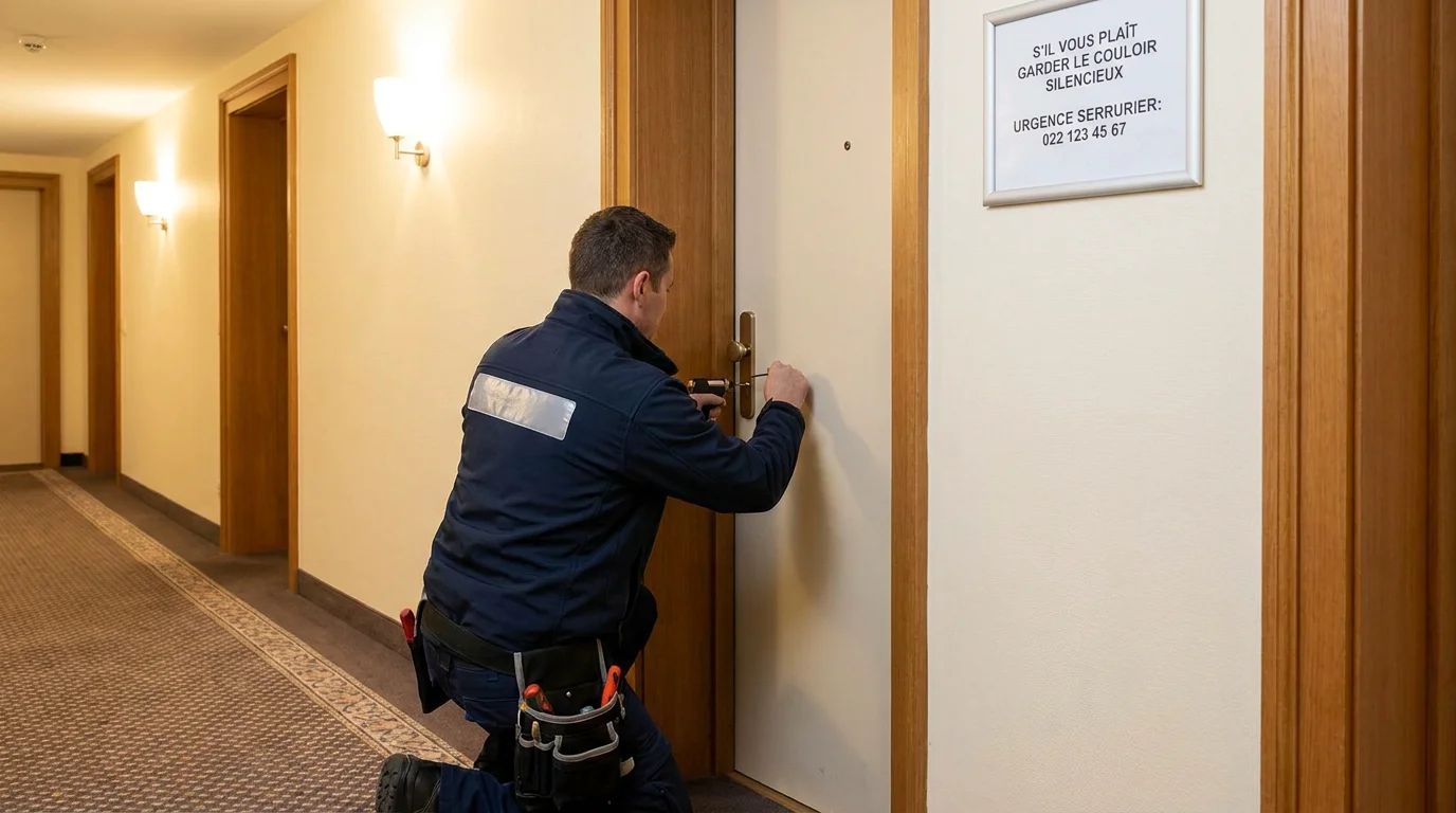 Serrurier professionnel intervenant sur une serrure de porte dans un immeuble suisse