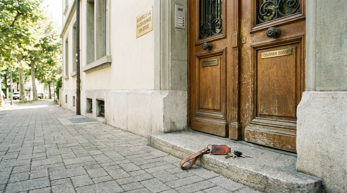 Trousseau de clés perdu devant une porte d'immeuble genevois un dimanche