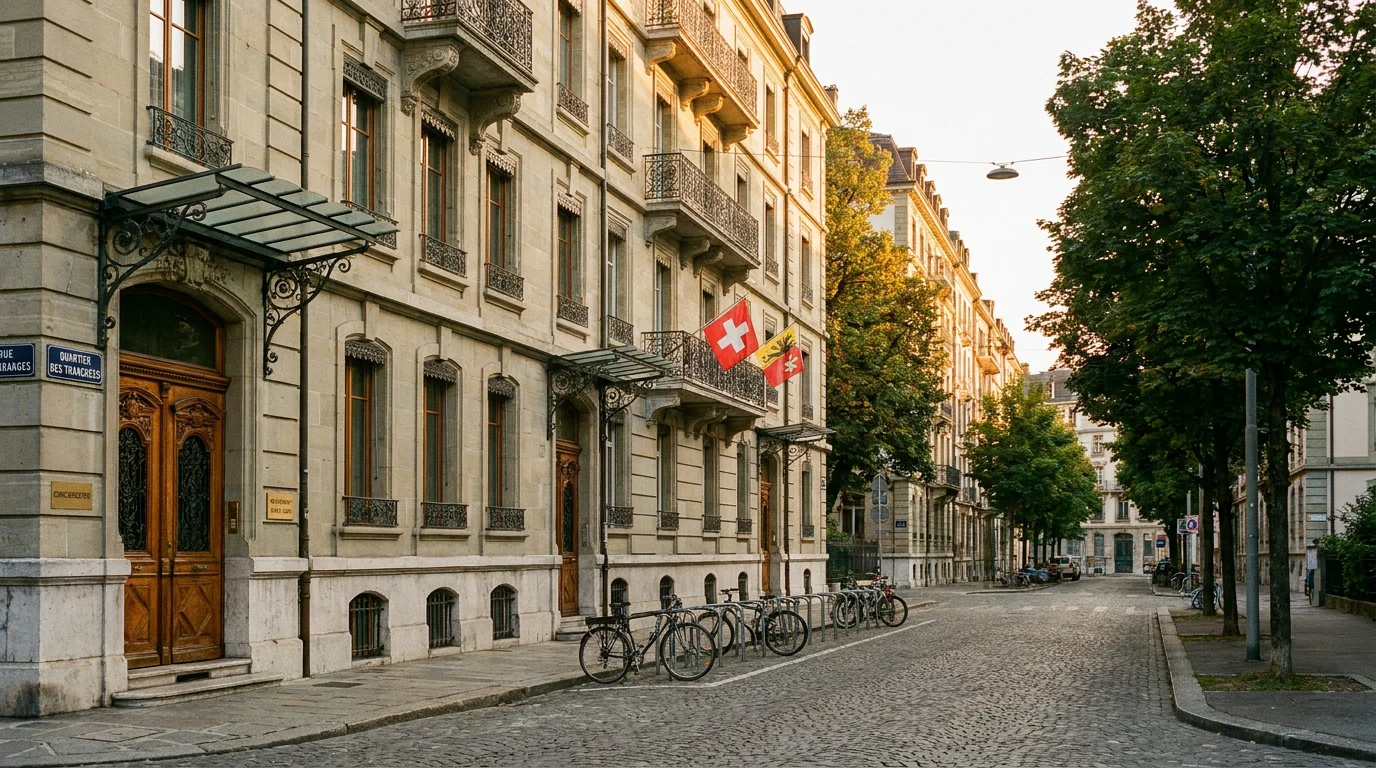 Rue résidentielle à Genève avec portes d'entrée sécurisées d'immeubles