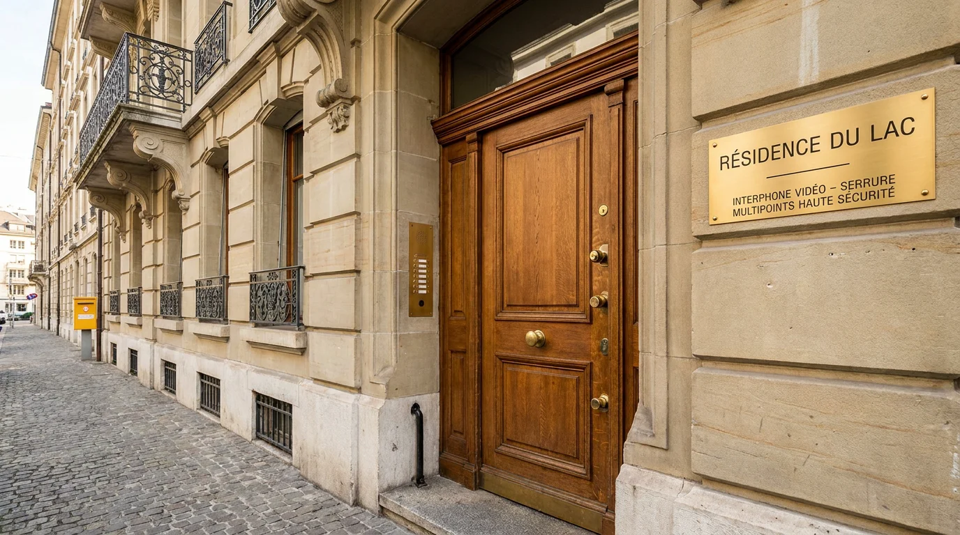 Serrure multipoints installée sur une porte d'entrée d'immeuble à Genève