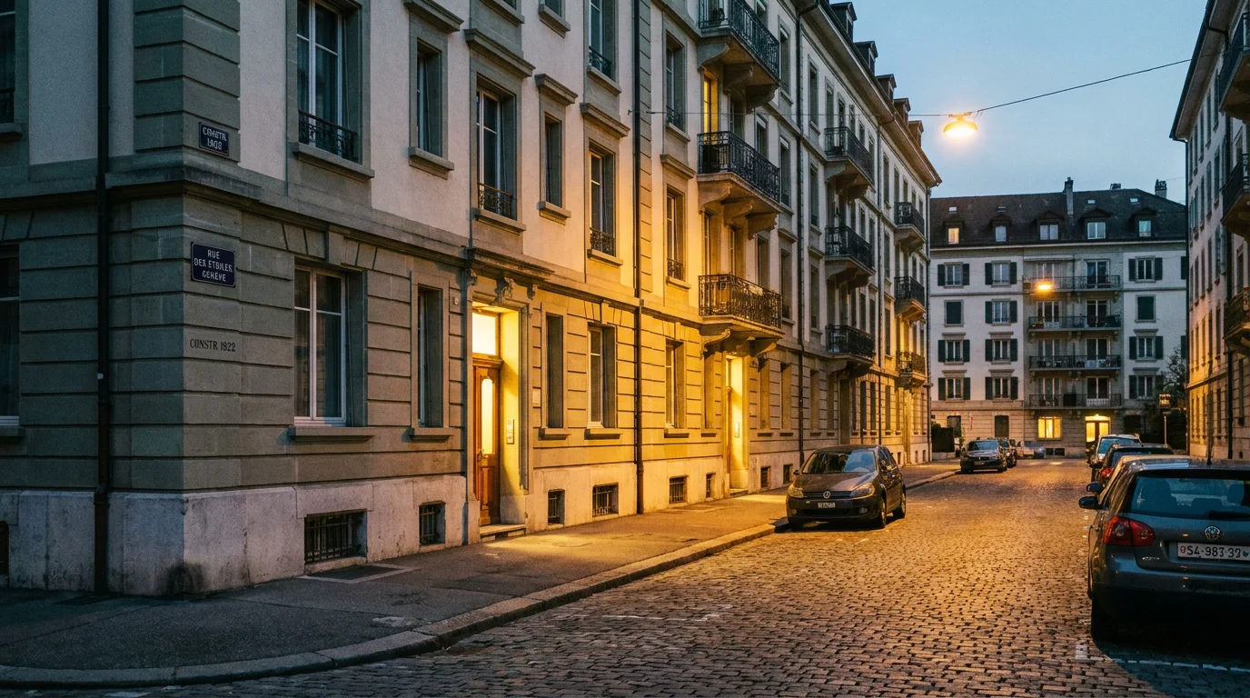 Quartier résidentiel de Genève au crépuscule illustrant la sécurité des accès