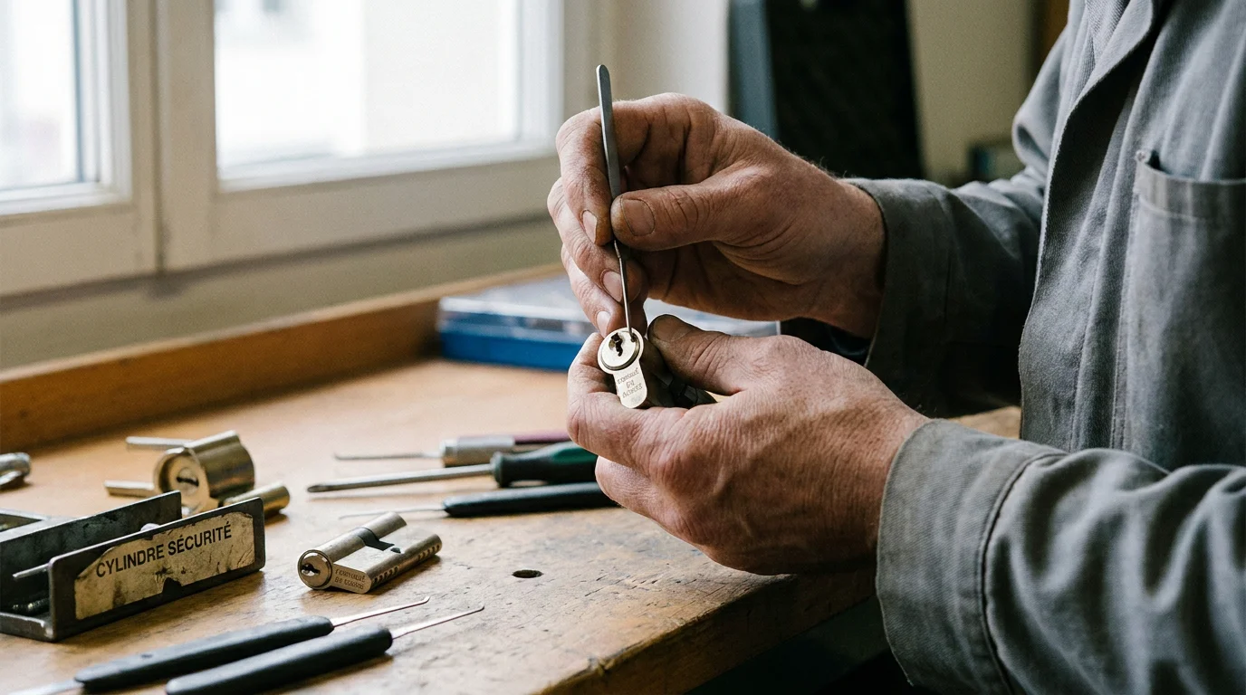 Serrurier professionnel travaillant sur un cylindre de serrure lors d'une intervention d'urgence