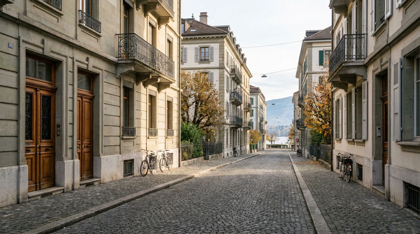 Rue résidentielle calme à Genève un dimanche matin avec des portes d'immeubles typiques