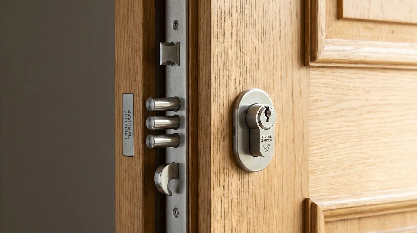 Serrure multipoints haute sécurité installée sur une porte d'entrée en bois