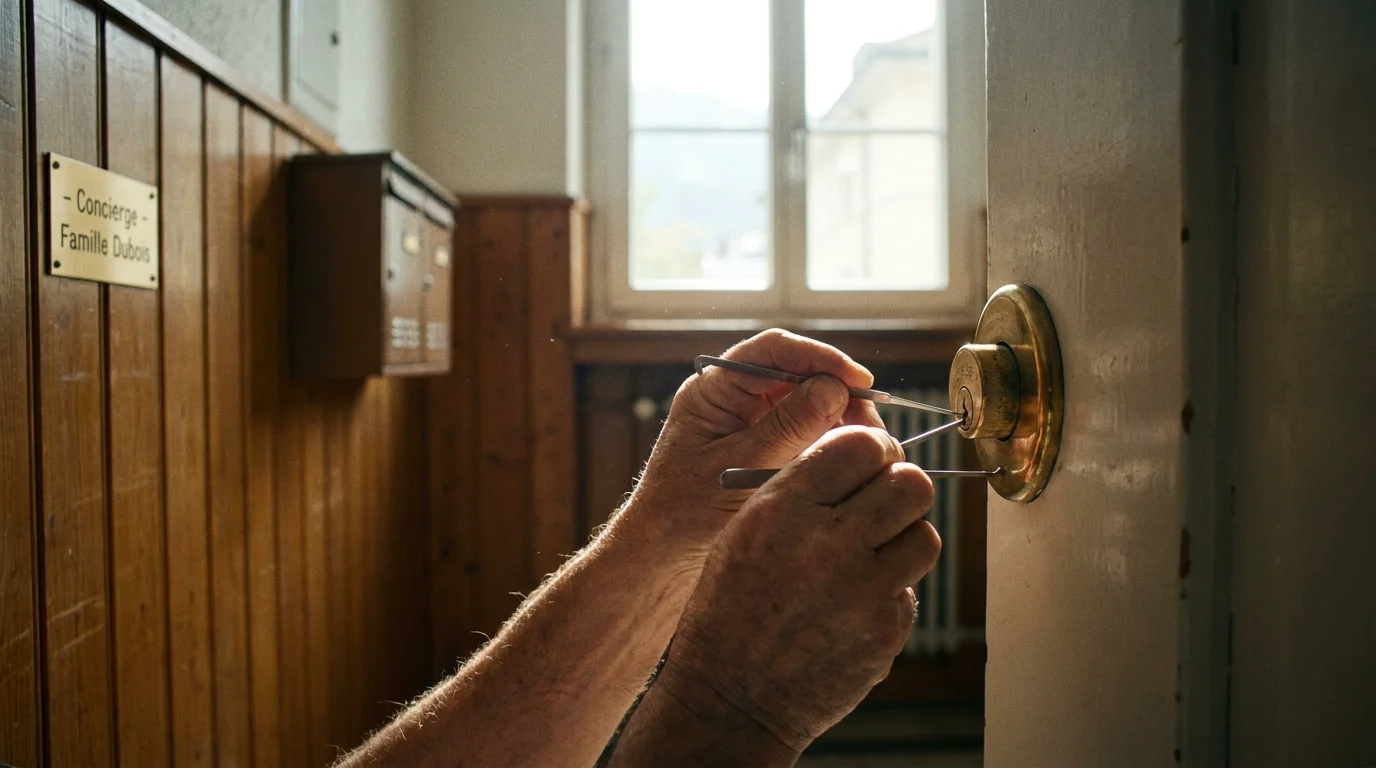 Gros plan sur les mains d'un serrurier ouvrant une serrure avec des outils professionnels
