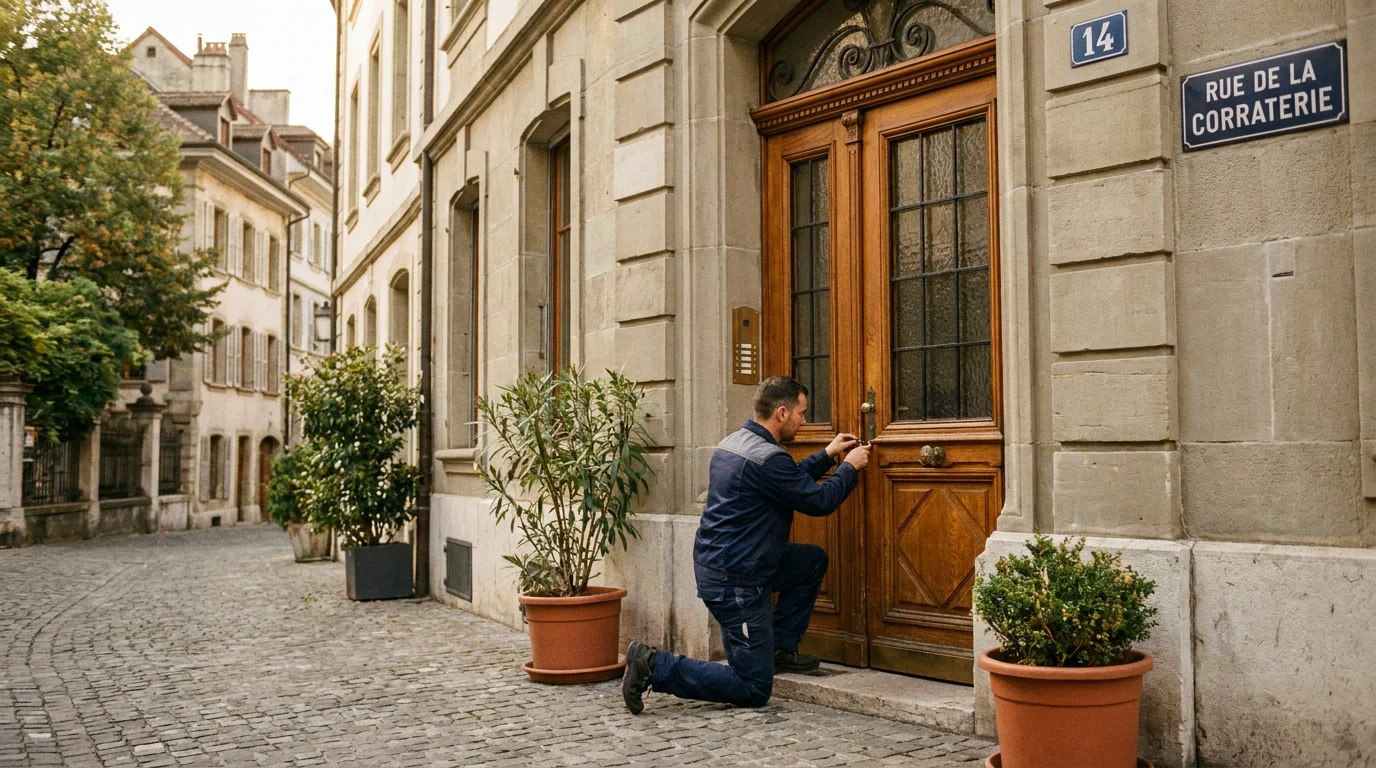 Serrurier professionnel intervenant sur une porte d'immeuble à Genève un dimanche