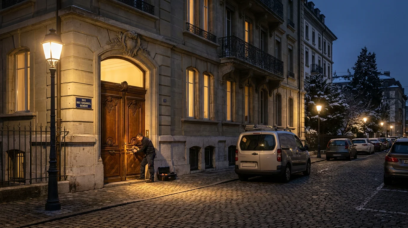 Porte d'entrée éclairée d'un immeuble résidentiel genevois la nuit, évoquant une intervention de serrurier en urgence