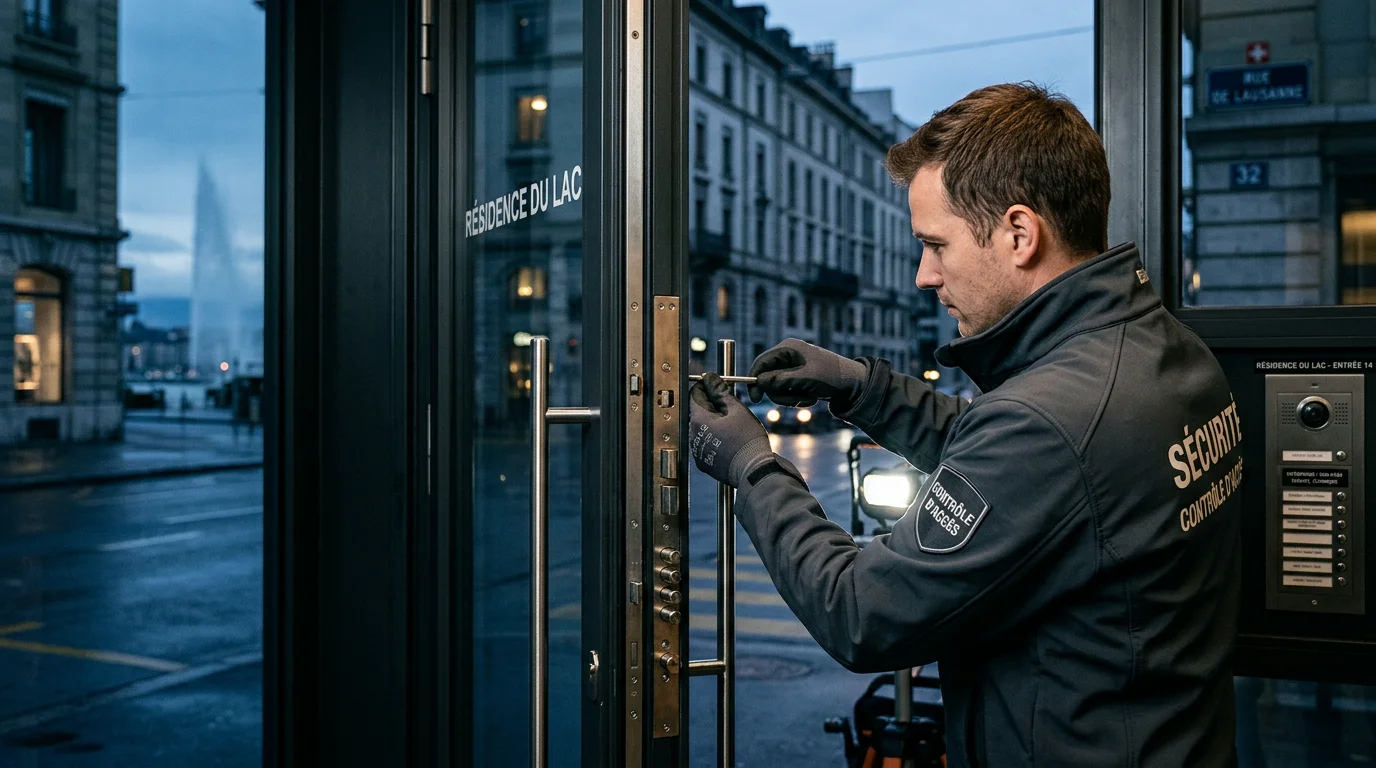 Serrurier renforçant une serrure haute sécurité sur une porte d'immeuble à Genève