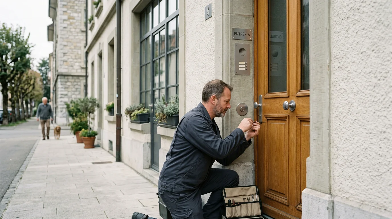 Serrurier professionnel intervenant sur une porte d'entrée résidentielle