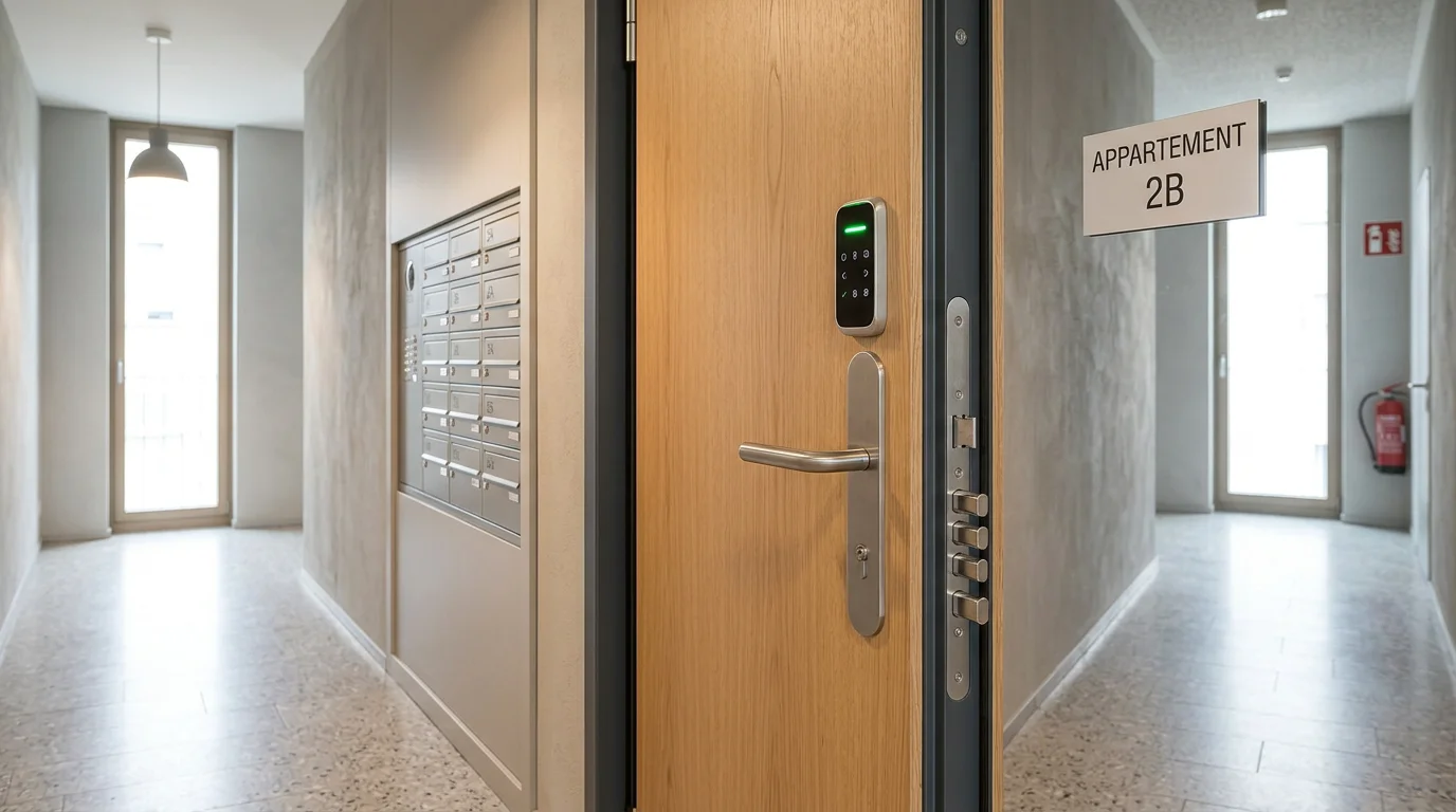 Porte d'entrée sécurisée avec serrure multipoints dans un immeuble résidentiel